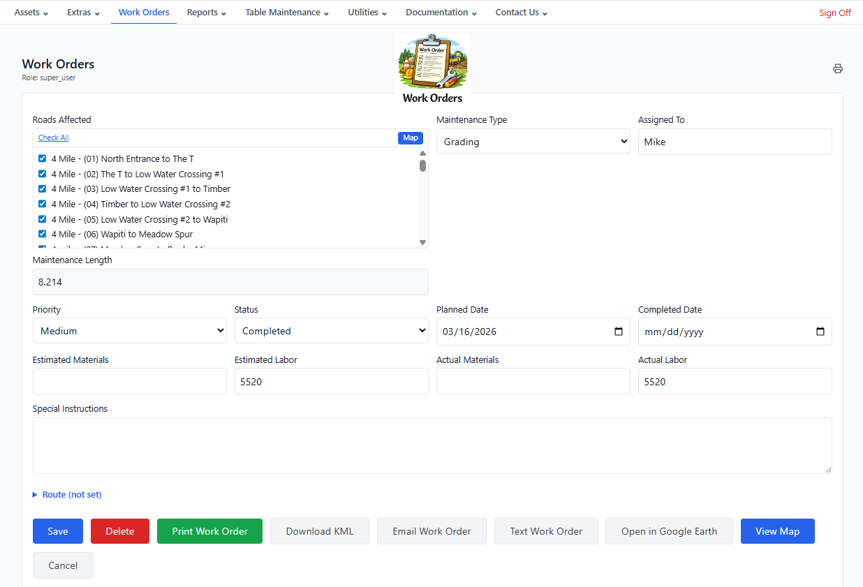 GROOM work order — action menu for print, KML export to Google Earth, email, and SMS text delivery to field crew